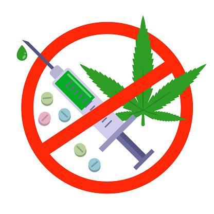 Clipart of red circle with line through it over top of a marijuana leaf, syringe/needle and pills
